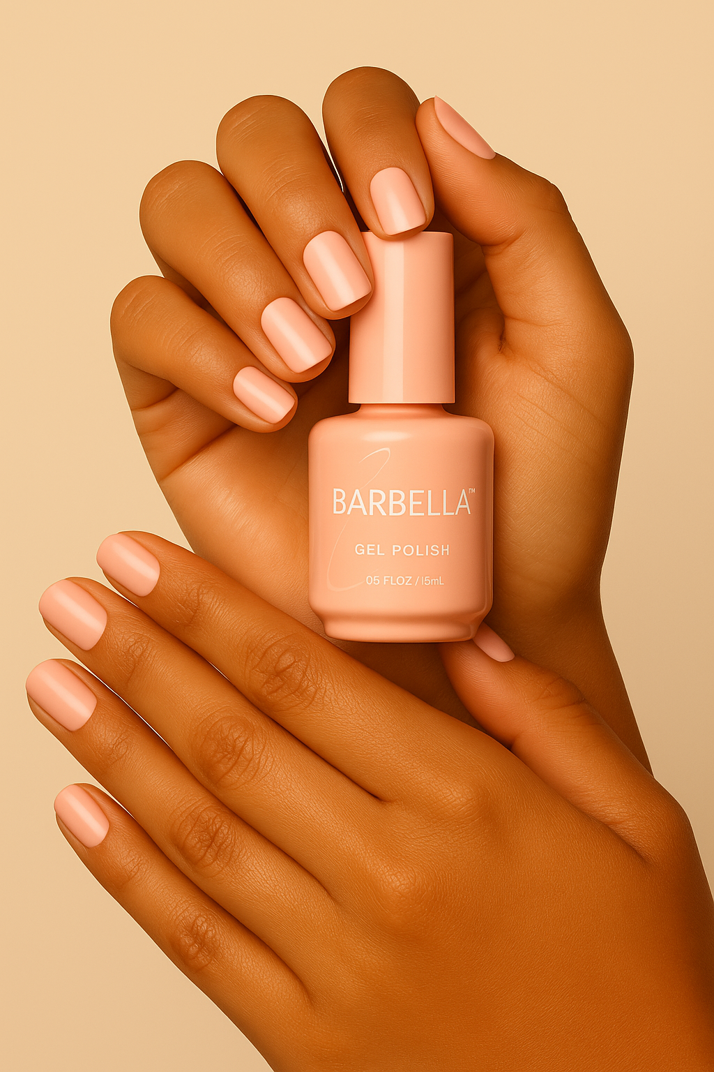 Two hands with short glossy peach nails holding a peach BarBella Co. polish bottle against a warm peach background. Switching to vegan, cruelty-free nail care.