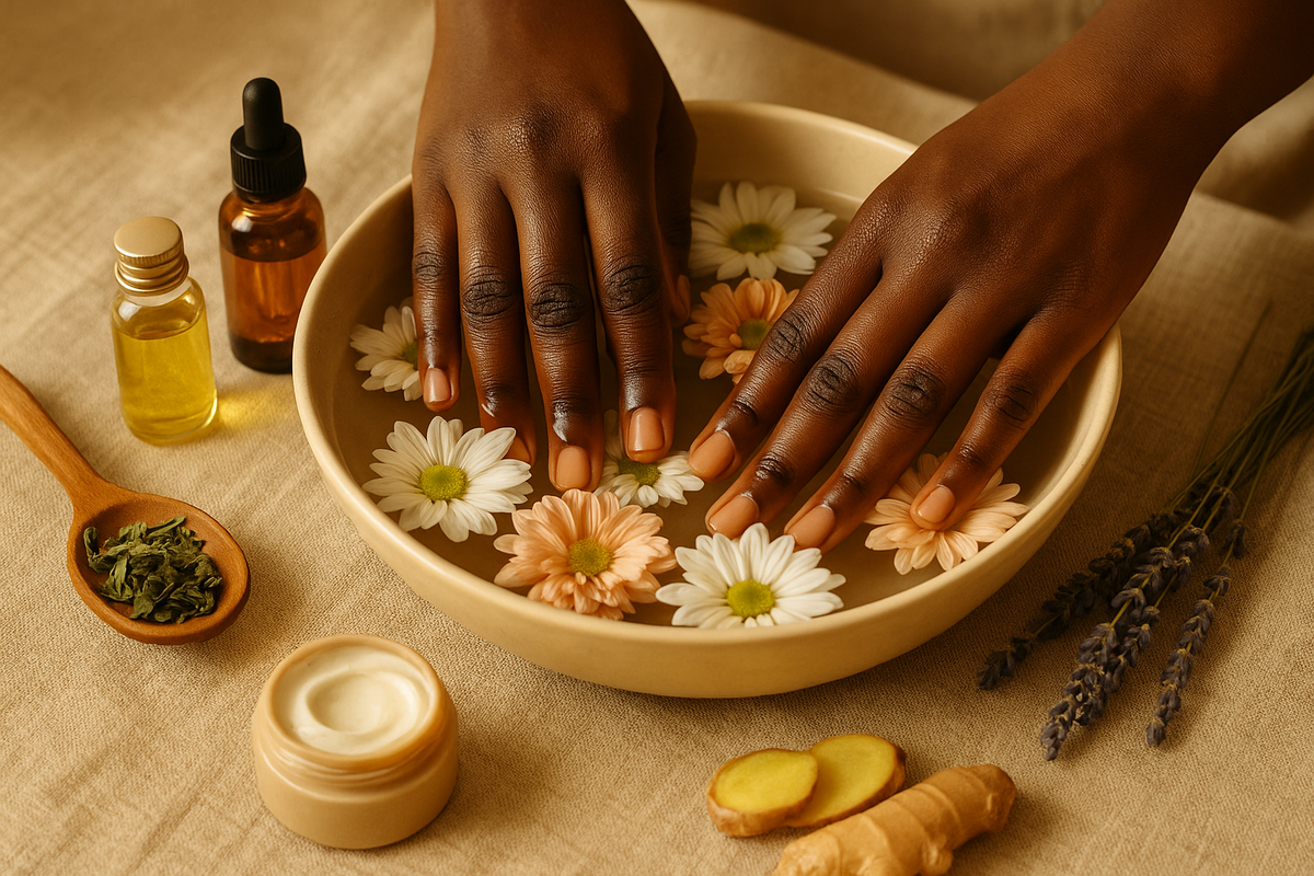 Hands soaking in a wooden bowl of water with daisies, surrounded by dropper bottles of oil, sliced ginger, dried herbs and a jar of cream. Natural DIY vegan nail treatments.