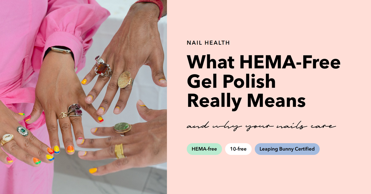 Hands with bright multicolor nails and stacked rings beside the headline "What HEMA-Free Gel Polish Really Means." Explains HEMA-free gel polish and gel allergies.