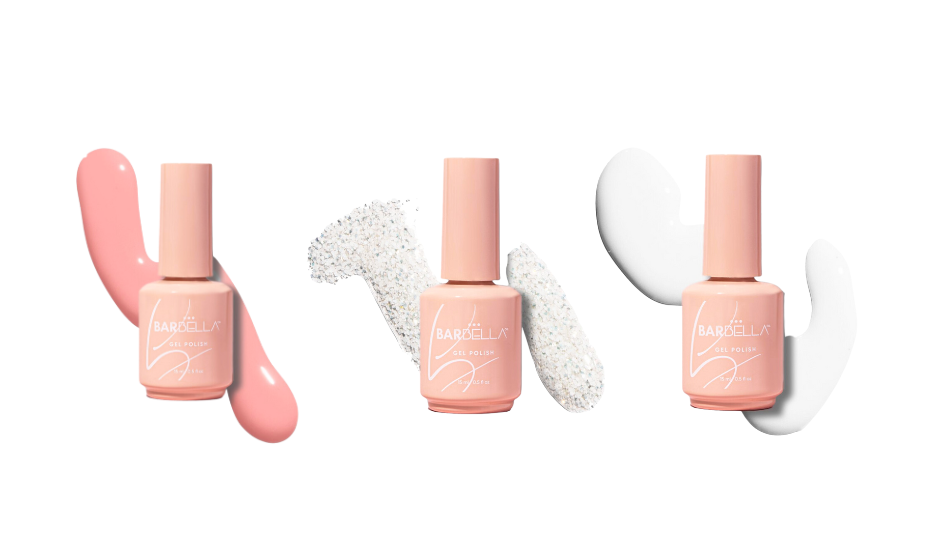 Three peach BarBella Co. polish bottles with swatches of sheer pink, sparkly silver and milky white polish. Clean girl nail colors.