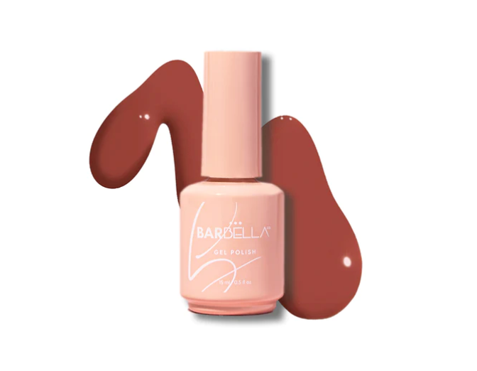 Peach BarBella Co. polish bottle with a swatch of warm terracotta brown polish.