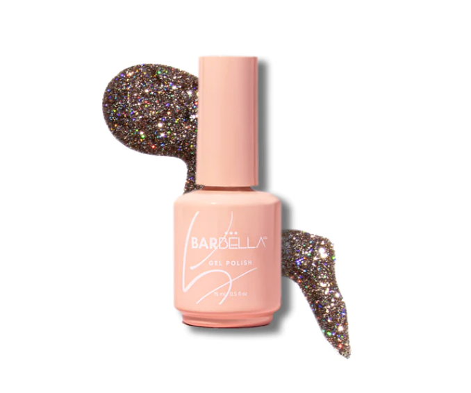 Peach BarBella Co. polish bottle with a swatch of multicolor glitter polish.