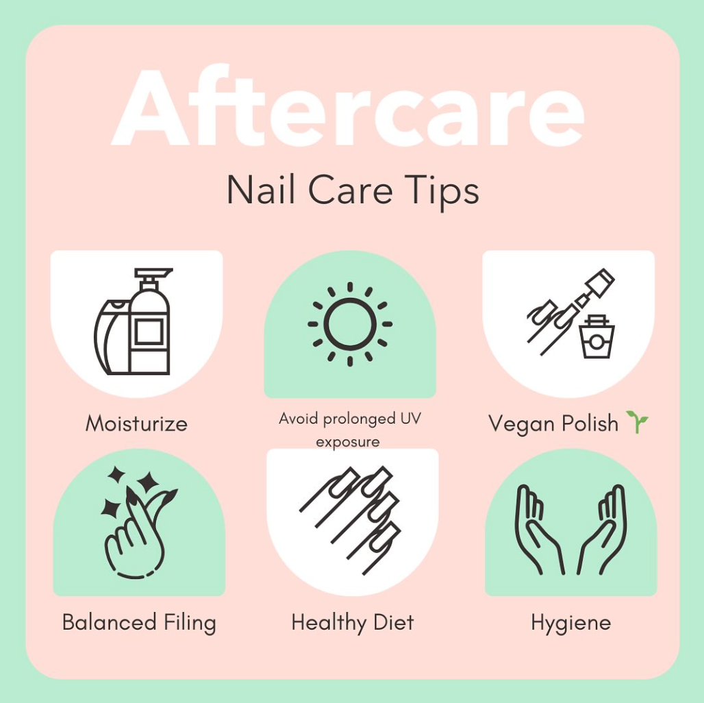 Infographic titled "Aftercare Nail Care Tips" with six icons on pink and mint, including moisturize, vegan polish, healthy diet and hygiene. How to make a manicure last.