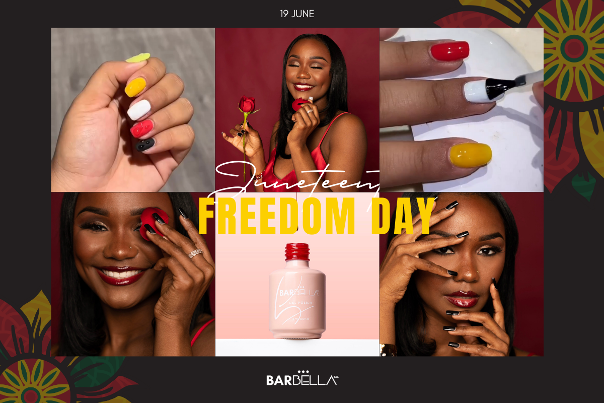 "Freedom Day" collage of Black women and hands wearing red, yellow and green nail polish, with a peach BarBella Co. bottle, in a red and gold African-print border.