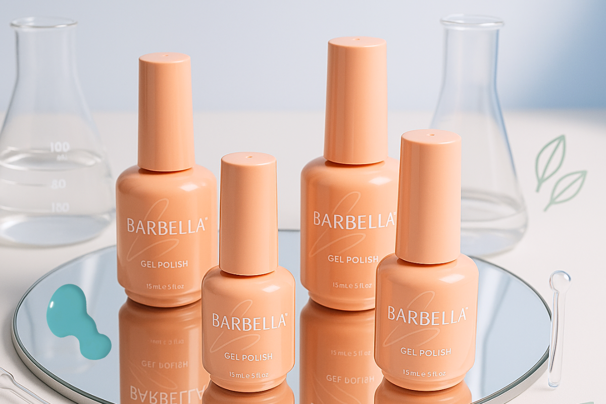 Five peach BarBella Co. polish bottles on a round mirrored tray with glass beakers and a botanical leaf drawing. Clean, vegan, 10-free nail polish.