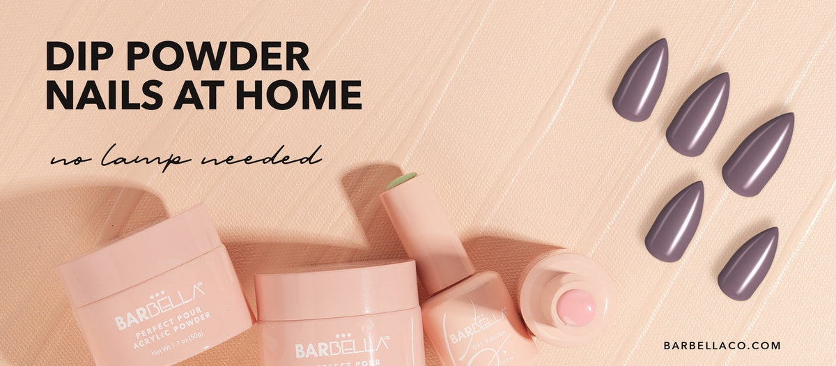 Peach banner reading "Dip Powder Nails at Home" with five glossy mauve almond nails and peach BarBella Co. dip powder jars and bottles. At-home dip powder manicure without a UV lamp.