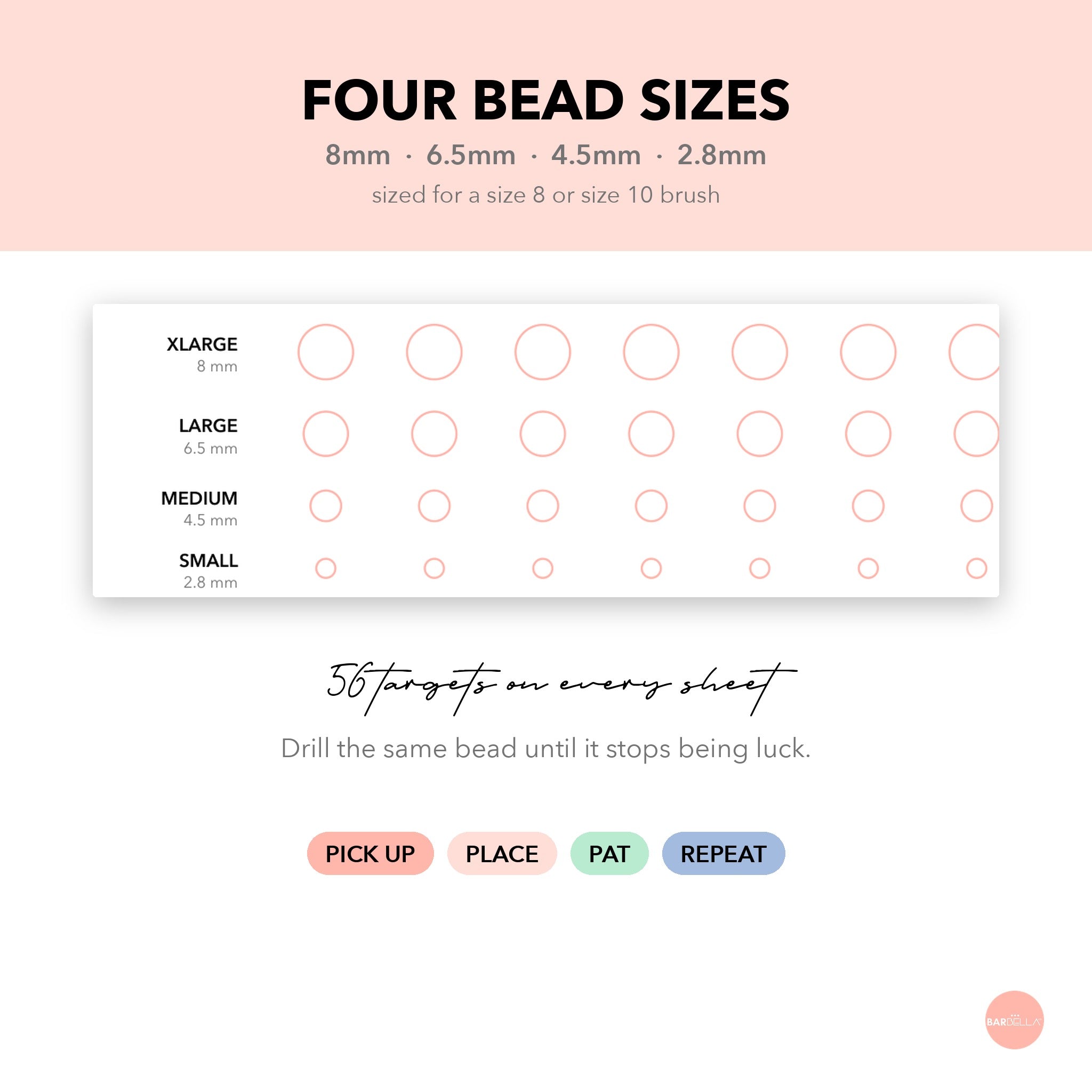 Acrylic bead size chart with 8mm, 6.5mm, 4.5mm and 2.8mm targets for a size 8 or 10 brush