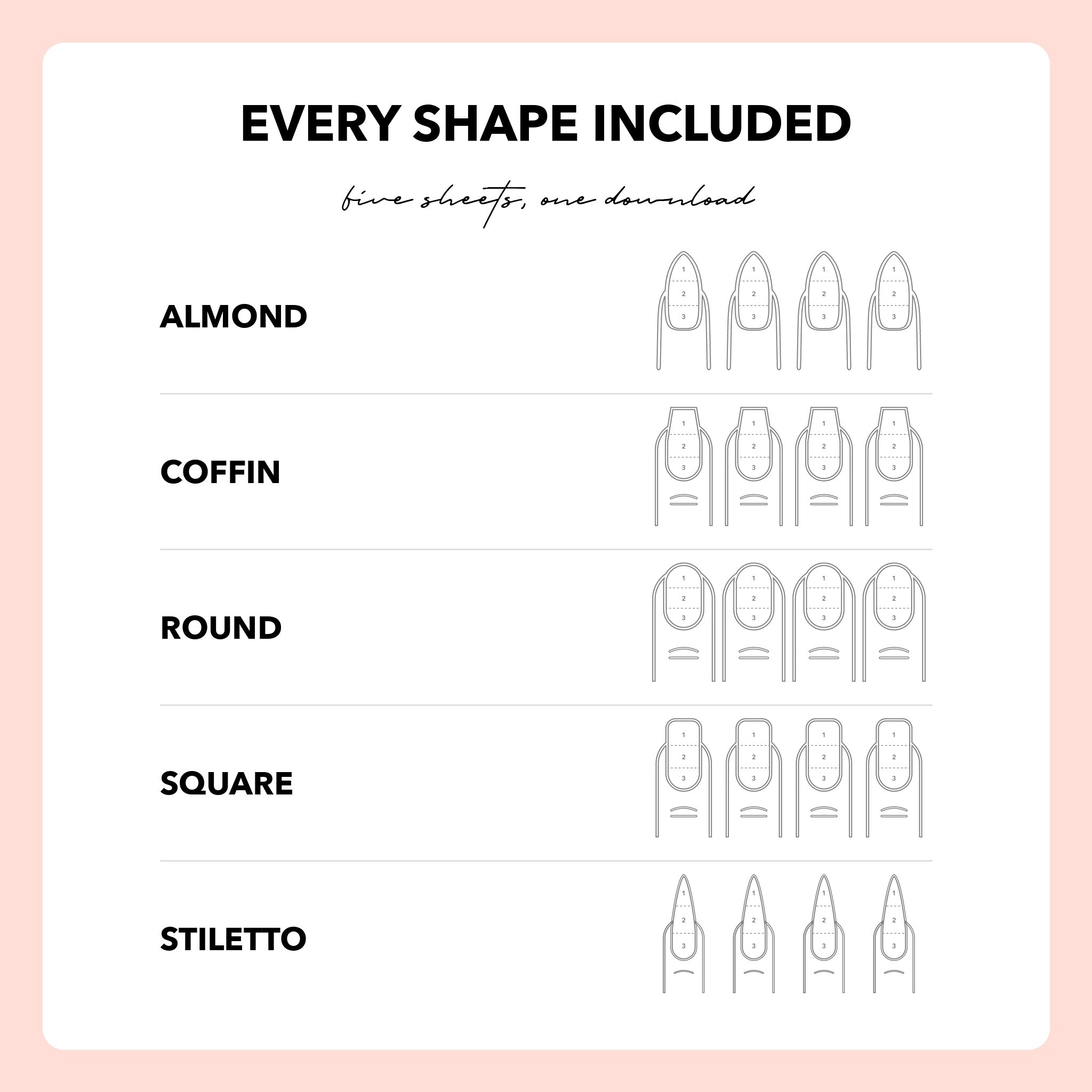Almond, coffin, round, square and stiletto acrylic practice sheets included in the download