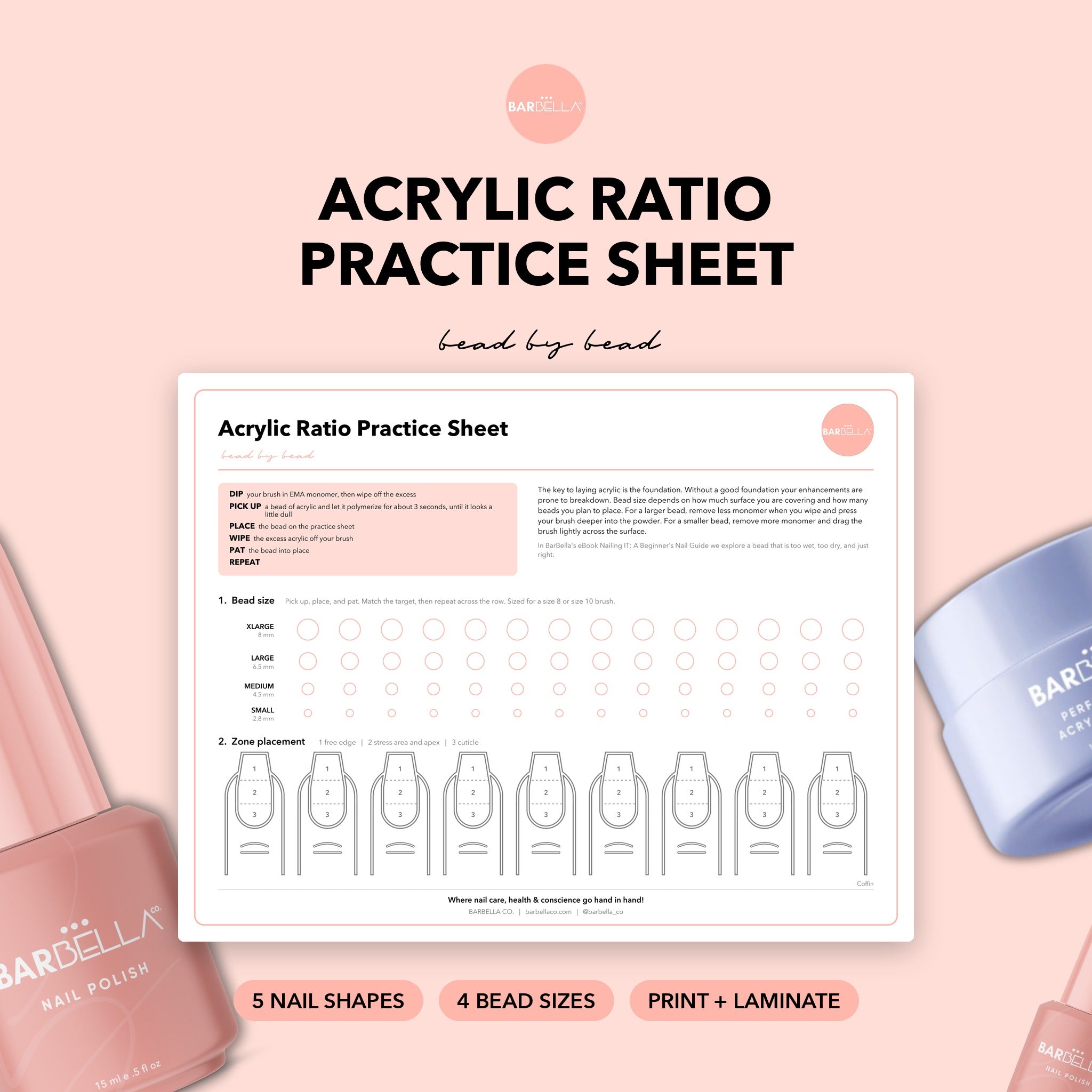 Printable acrylic ratio practice sheet for nail techs, five nail shapes, laminate and reuse